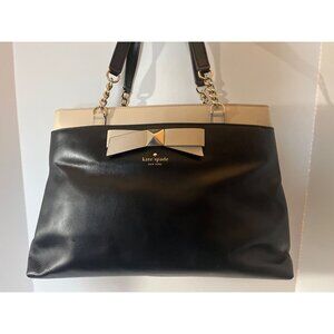 Kate Spade NY Marianne Black & Tan Large 3 Section Leather Tote Shoulder Bag